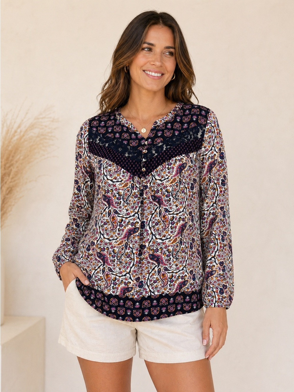 DR2 Boho Paisley Lace Trim High Low Blouse Size Large Flowy Peasant Top